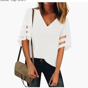 LookbookStore Women's V Neck Mesh Panel Blouse 3/4 Bell Sleeve Loose Top NWOT